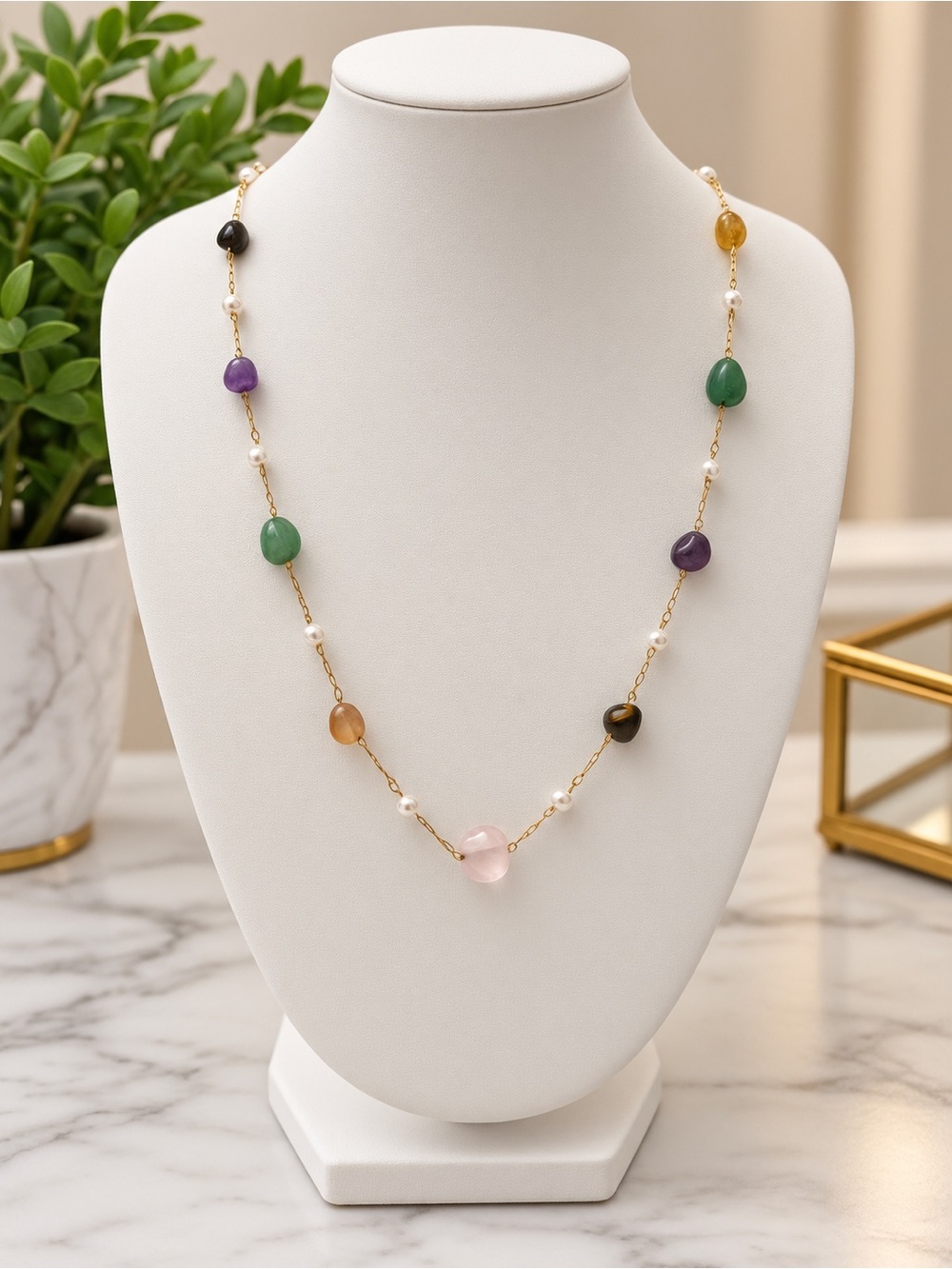 Multicolor Gemstone Station Necklace - Gold Chain